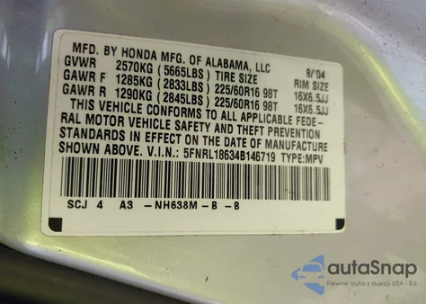 2004 Honda Odyssey Ex z USA, uszkodzony, nr VIN 5FNRL18634B146719